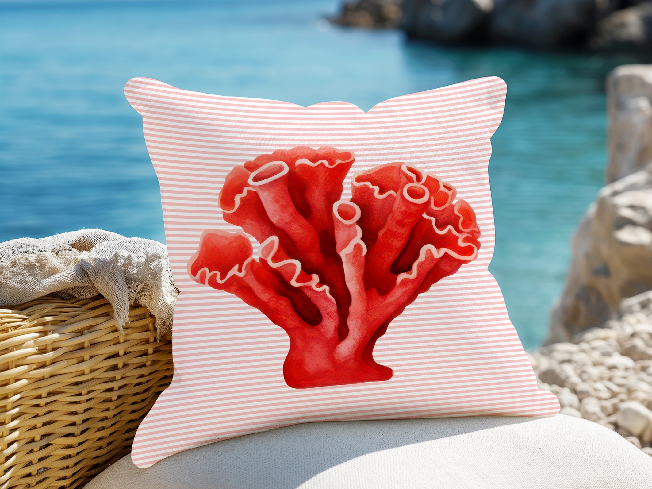 3D Çizgili Mercan Temalı Kırlent Paneli Dikilmemiş Kumaş