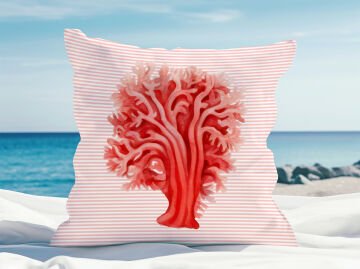 3D Çizgili Mercan Temalı Kırlent Paneli Dikilmemiş Kumaş