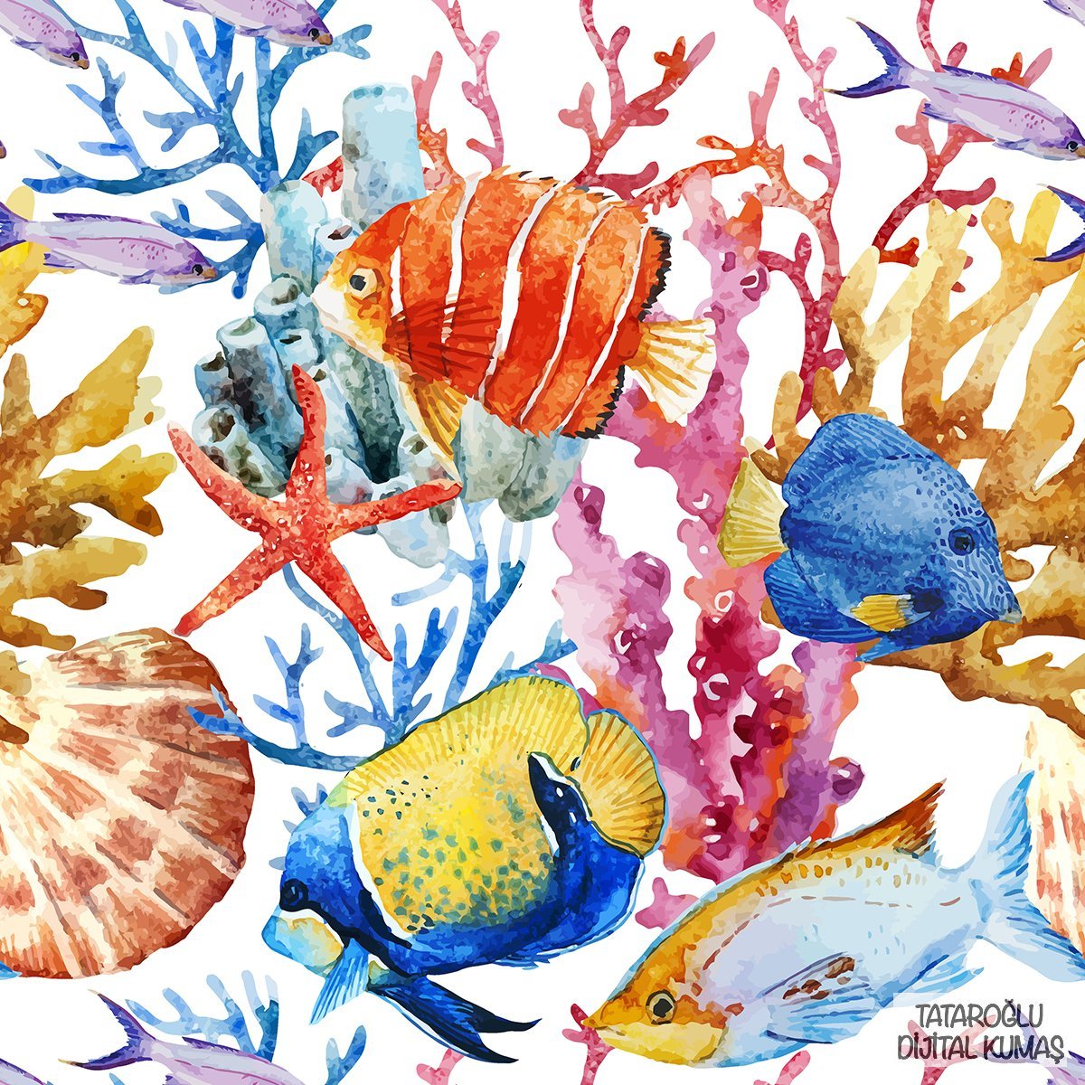 Fabric with Coral, Mussel, Colorful Fish Pattern Print on White Background (FALL SALE)