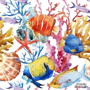Fabric with Coral, Mussel, Colorful Fish Pattern Print on White Background (FALL SALE)