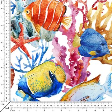 Fabric with Coral, Mussel, Colorful Fish Pattern Print on White Background (FALL SALE)