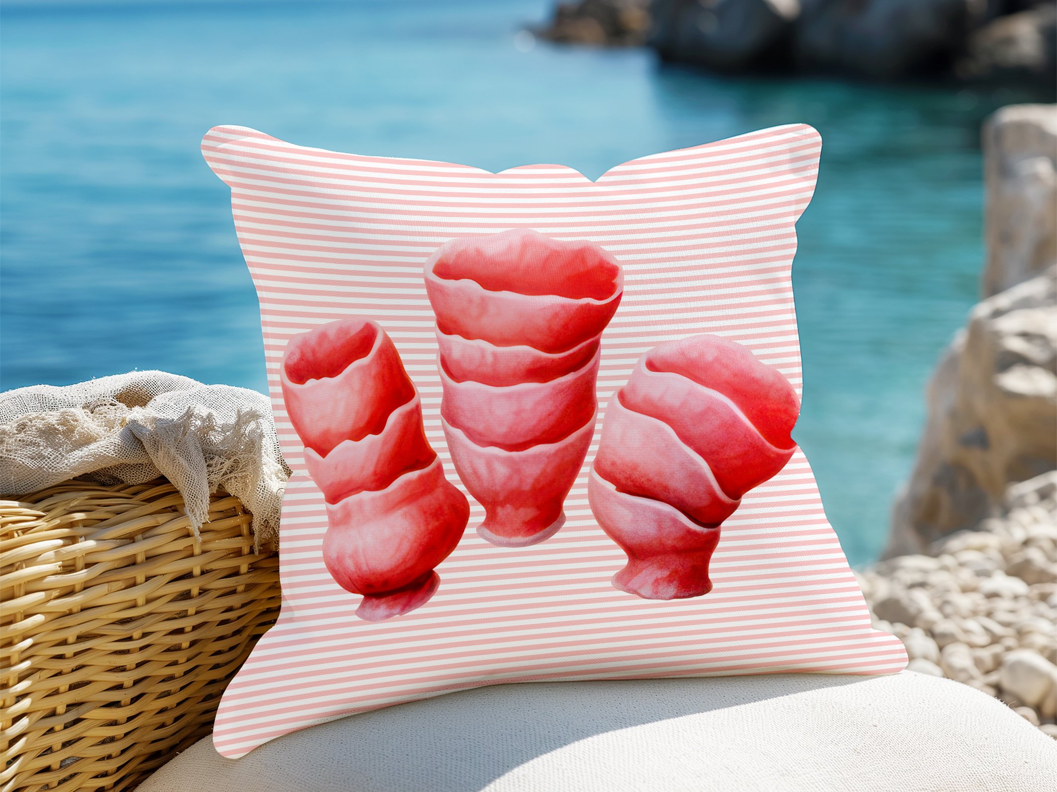 3D Çizgili Mercan Temalı Kırlent Paneli Dikilmemiş Kumaş