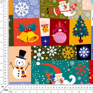Yılbaşı Koleksiyonu-  Renkli Noel Babalı Kardan Adamlı Patchwork Desenli Kumaş