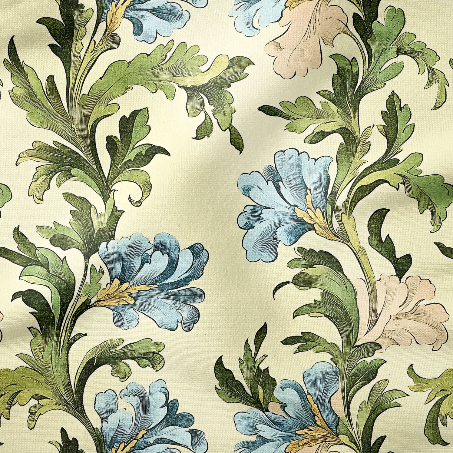 William Morris Esintili Vintage Çiçek Desenli Kumaş – Mavi Floral Dekoratif Döşemelik Kumaş