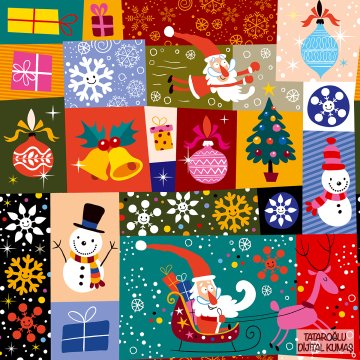 Yılbaşı Koleksiyonu-  Renkli Noel Babalı Kardan Adamlı Patchwork Desenli Kumaş