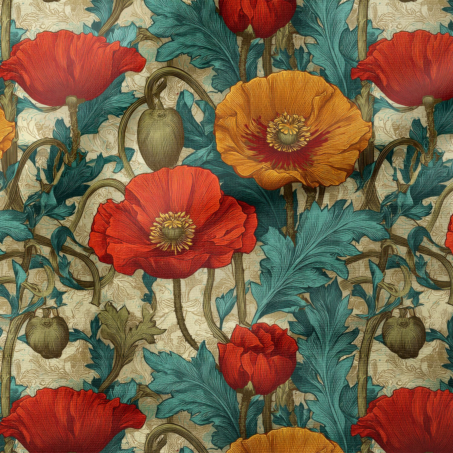 William Morris Esintili Vintage Çiçek Desenli Kumaş – Kırmızı Gelincik Floral Dekoratif Kumaş