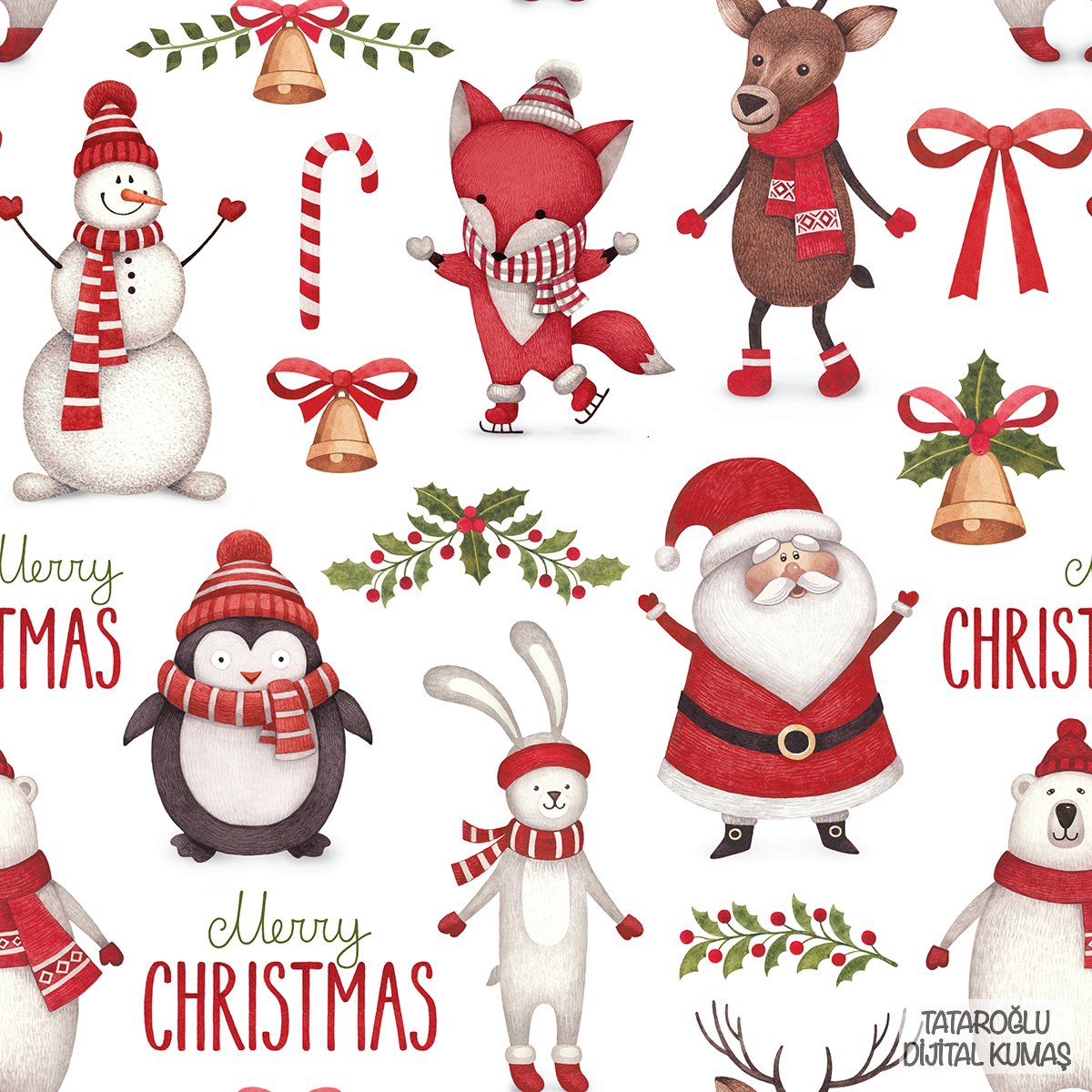 Yılbaşı Koleksiyonu- Noel Babalı, Geyikli, Tavşanlı, Kardan Adamlı, Penguenli Yılbaşı Desenli Kumaş