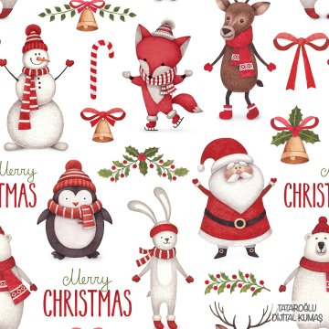 Yılbaşı Koleksiyonu- Noel Babalı, Geyikli, Tavşanlı, Kardan Adamlı, Penguenli Yılbaşı Desenli Kumaş