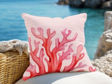 3D Çizgili Mercan Temalı Kırlent Paneli Dikilmemiş Kumaş