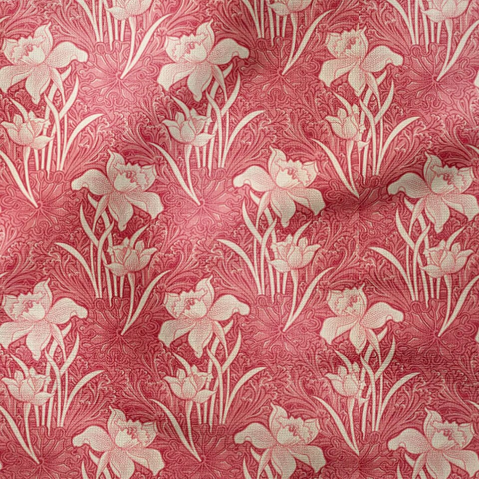 William Morris Esintili Pembe İris Çiçek Desenli Kumaş – Vintage Floral Dekoratif Kumaş 143 cm