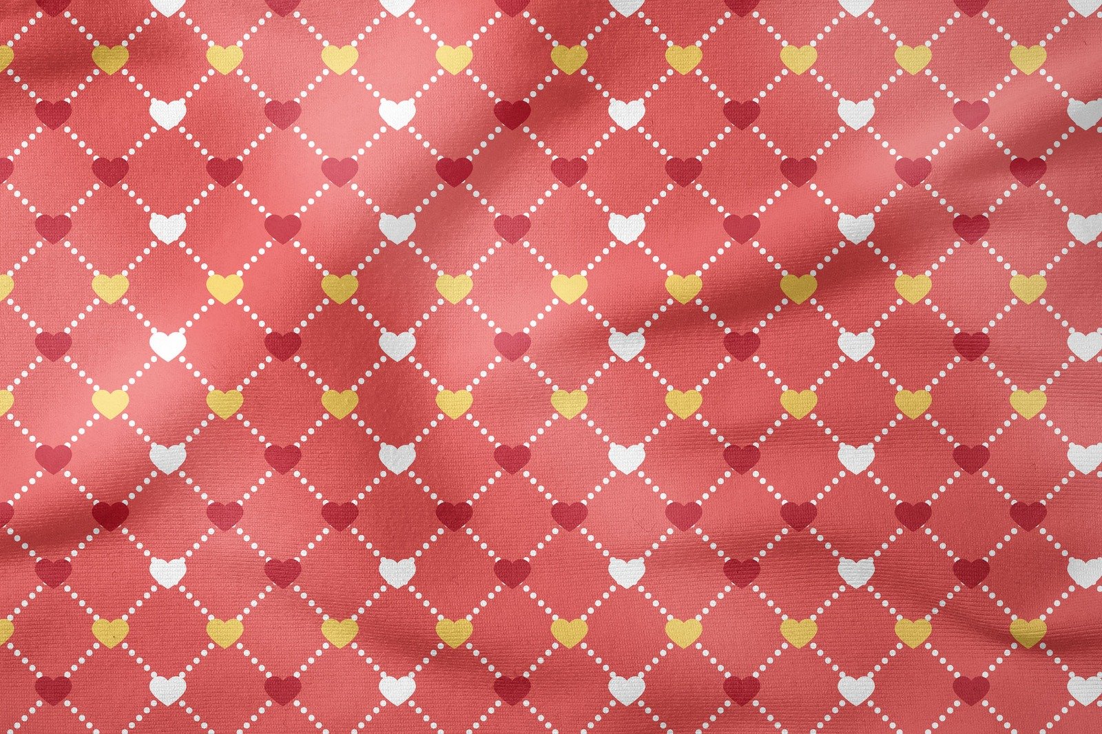 Sevgililer Günü Koleksiyonu-Nar Çiçeği Zeminli Sarı Kırmızı Beyaz Kalpli Kumaş