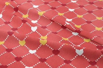 Sevgililer Günü Koleksiyonu-Nar Çiçeği Zeminli Sarı Kırmızı Beyaz Kalpli Kumaş