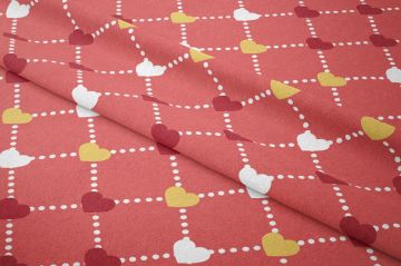 Sevgililer Günü Koleksiyonu-Nar Çiçeği Zeminli Sarı Kırmızı Beyaz Kalpli Kumaş