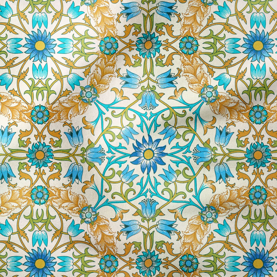 William Morris Esintili Mavi Botanik Desenli Kumaş – Vintage Floral Dekoratif Kumaş 143 cm
