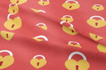 Sevgililer Günü Koleksiyonu-Nar Çiçeği Zeminli Kalpli Asma Kilitli Kumaş