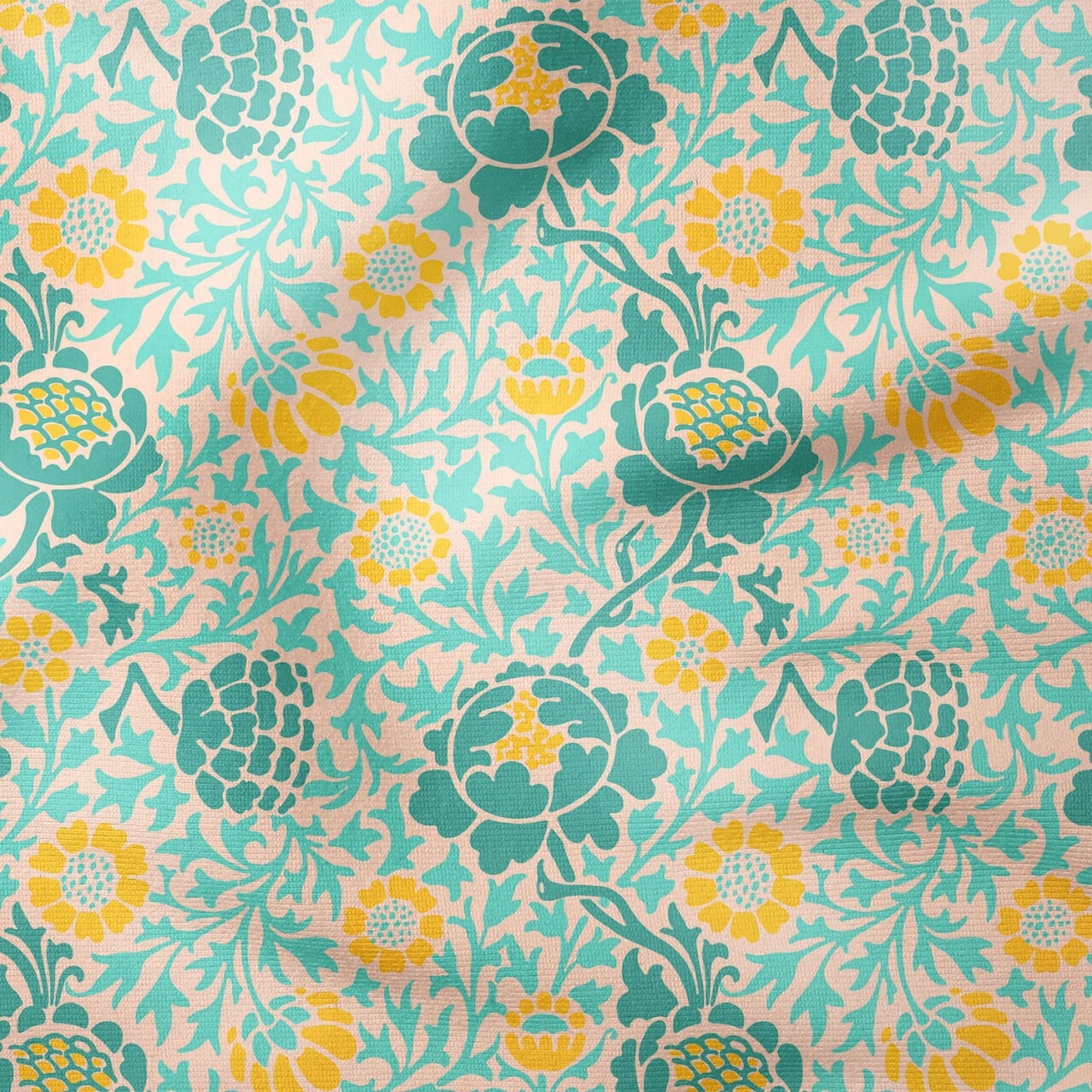 William Morris Esintili Turkuaz Çiçek Desenli Kumaş – Vintage Floral Dekoratif Kumaş 143 cm