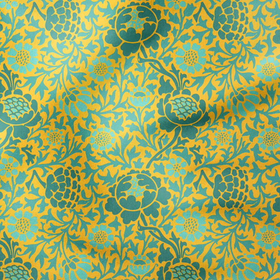 William Morris Esintili Sarı Turkuaz Çiçek Desenli Kumaş – Vintage Floral Dekoratif Kumaş 143 cm