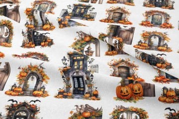 Pop Art Kumaş Halloween Bal Kabaklı Vintage Kapılar