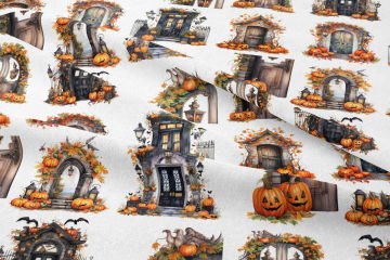 Pop Art Kumaş Halloween Bal Kabaklı Vintage Kapılar