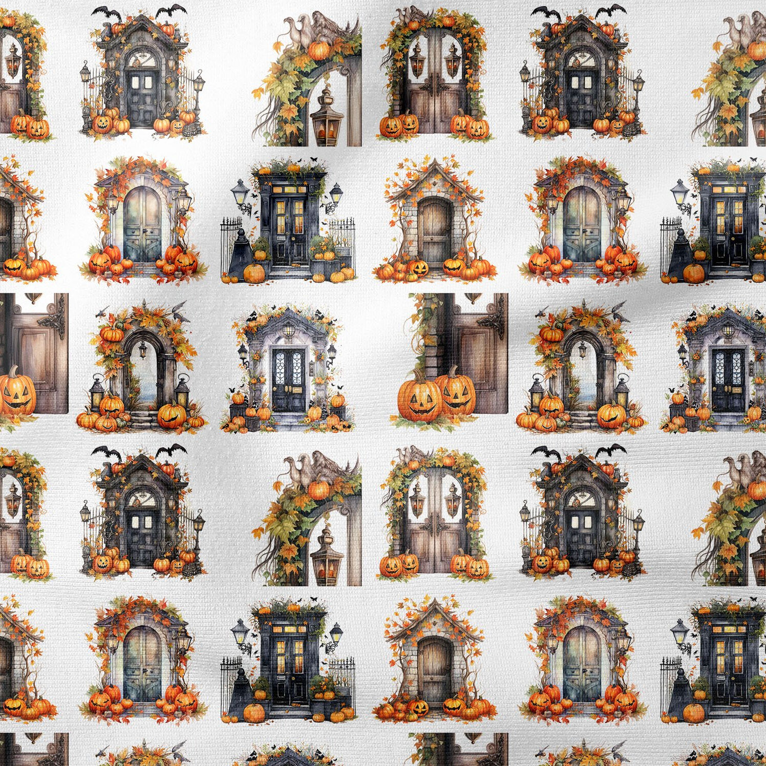 Pop Art Kumaş Halloween Bal Kabaklı Vintage Kapılar