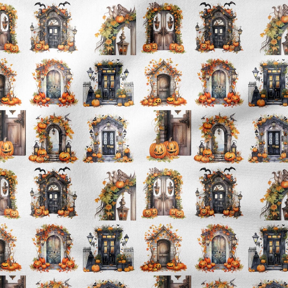 Pop Art Kumaş Halloween Bal Kabaklı Vintage Kapılar