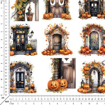 Pop Art Kumaş Halloween Bal Kabaklı Vintage Kapılar
