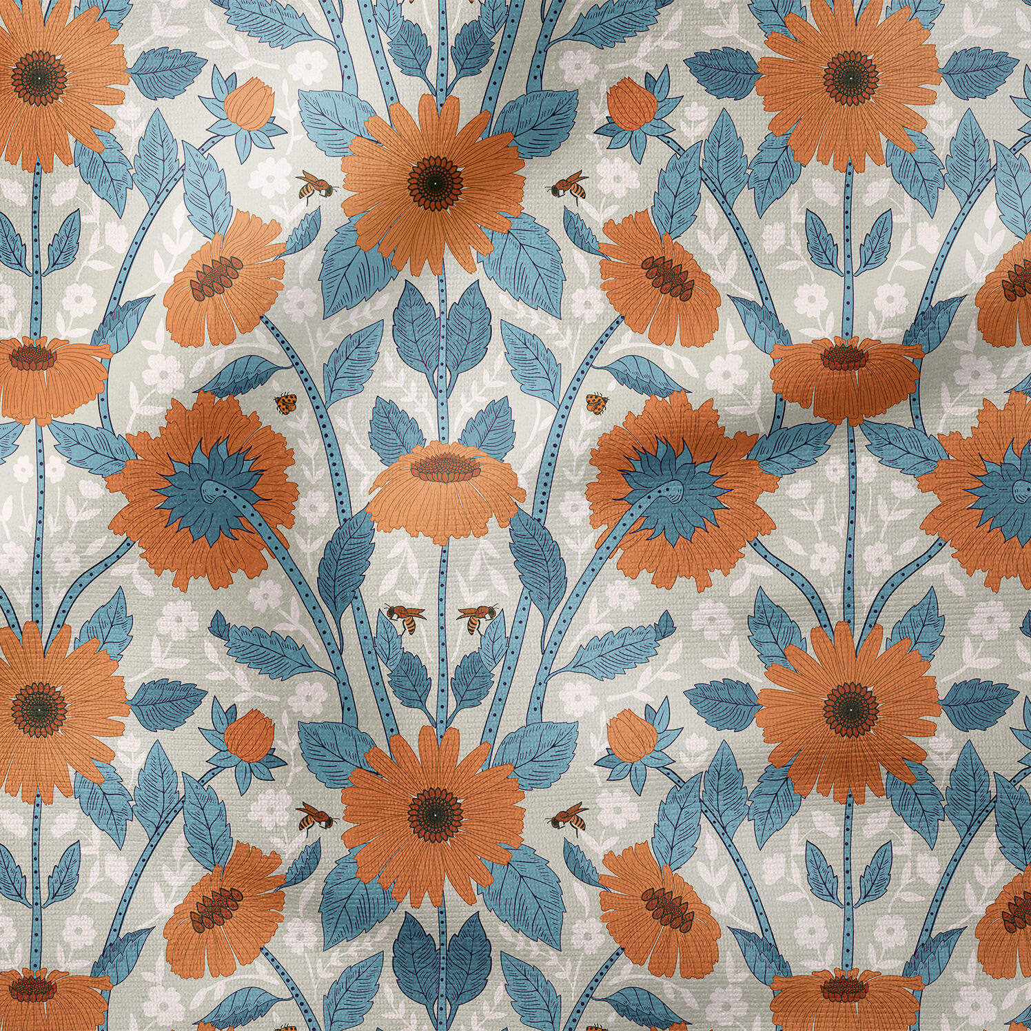 William Morris Esintili Turuncu Mavi Çiçek Desenli Kumaş – Vintage Botanik Dekoratif Kumaş 143 cm