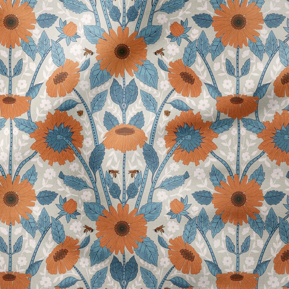 William Morris Esintili Turuncu Mavi Çiçek Desenli Kumaş – Vintage Botanik Dekoratif Kumaş 143 cm