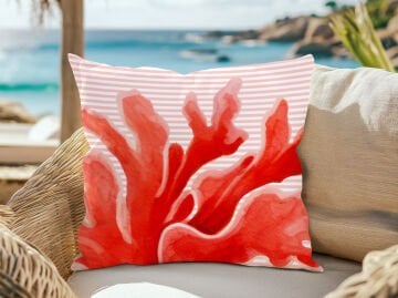 3D Çizgili Mercan Temalı Kırlent Paneli Dikilmemiş Kumaş