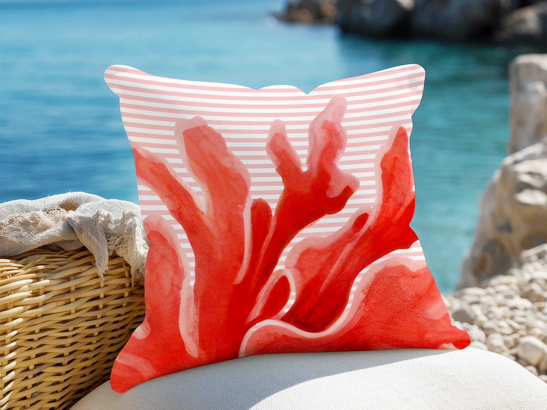 3D Çizgili Mercan Temalı Kırlent Paneli Dikilmemiş Kumaş