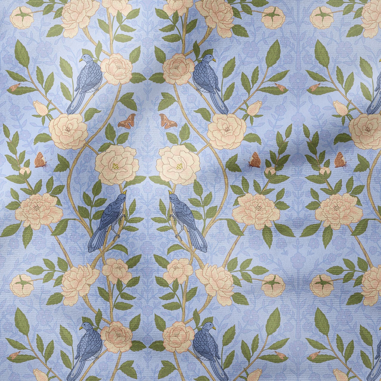 William Morris Esintili Kuş ve Gül Desenli Kumaş | Vintage Çiçekli Dekoratif Kumaş