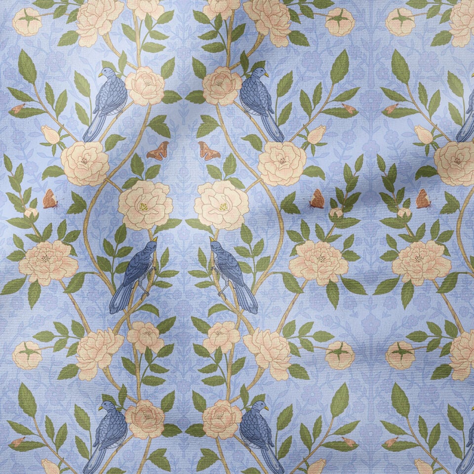 William Morris Esintili Kuş ve Gül Desenli Kumaş | Vintage Çiçekli Dekoratif Kumaş