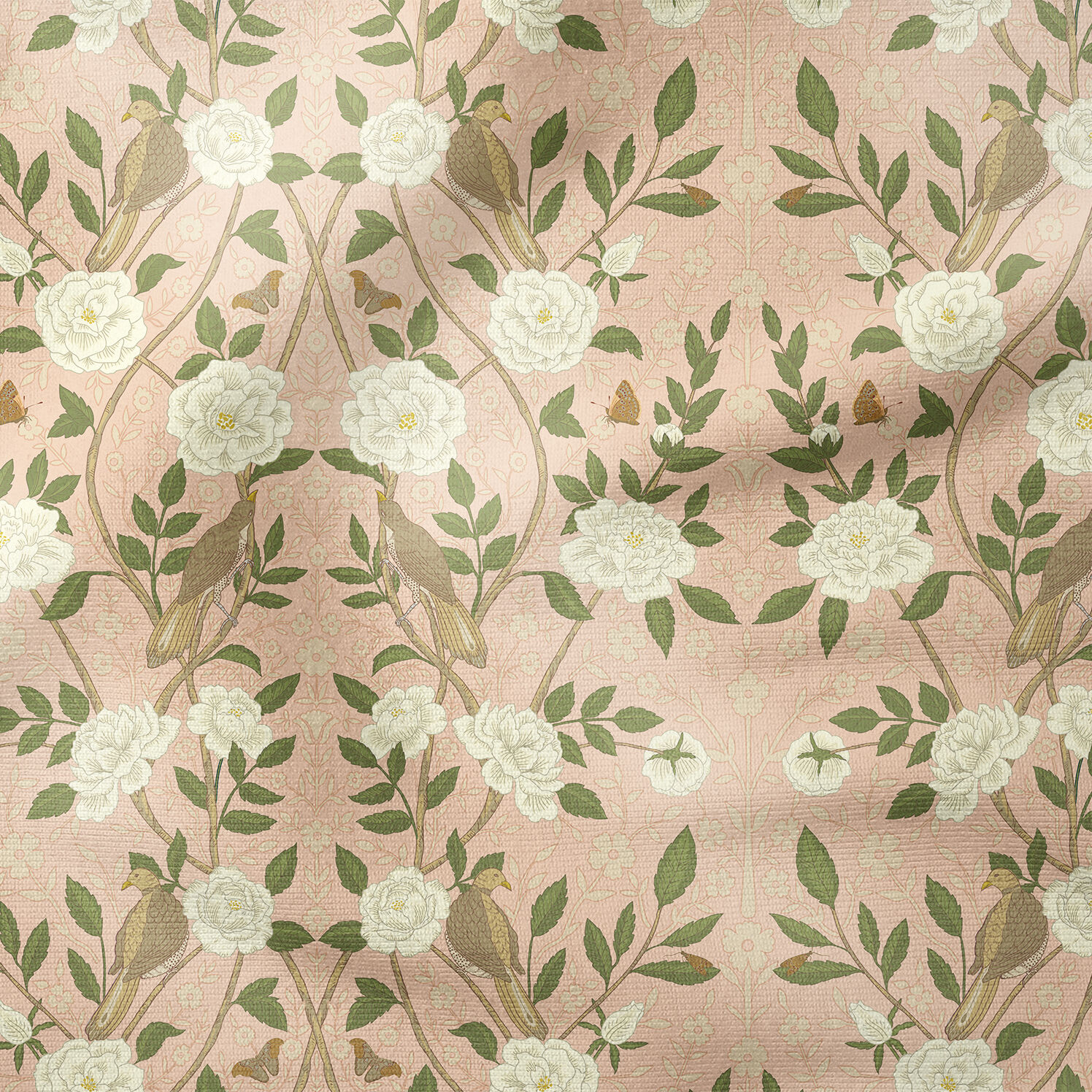 William Morris Esintili Kuş ve Gül Desenli Kumaş | Vintage Çiçekli Dekoratif Kumaş
