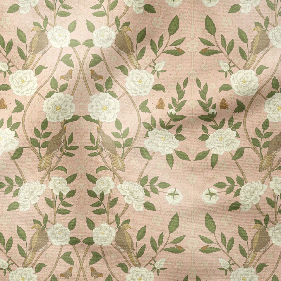 William Morris Esintili Kuş ve Gül Desenli Kumaş | Vintage Çiçekli Dekoratif Kumaş