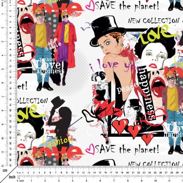 Beyaz Zemin Üzerine Popart Fashion Kadın ve Erkek Desenli Kumaş-F6542