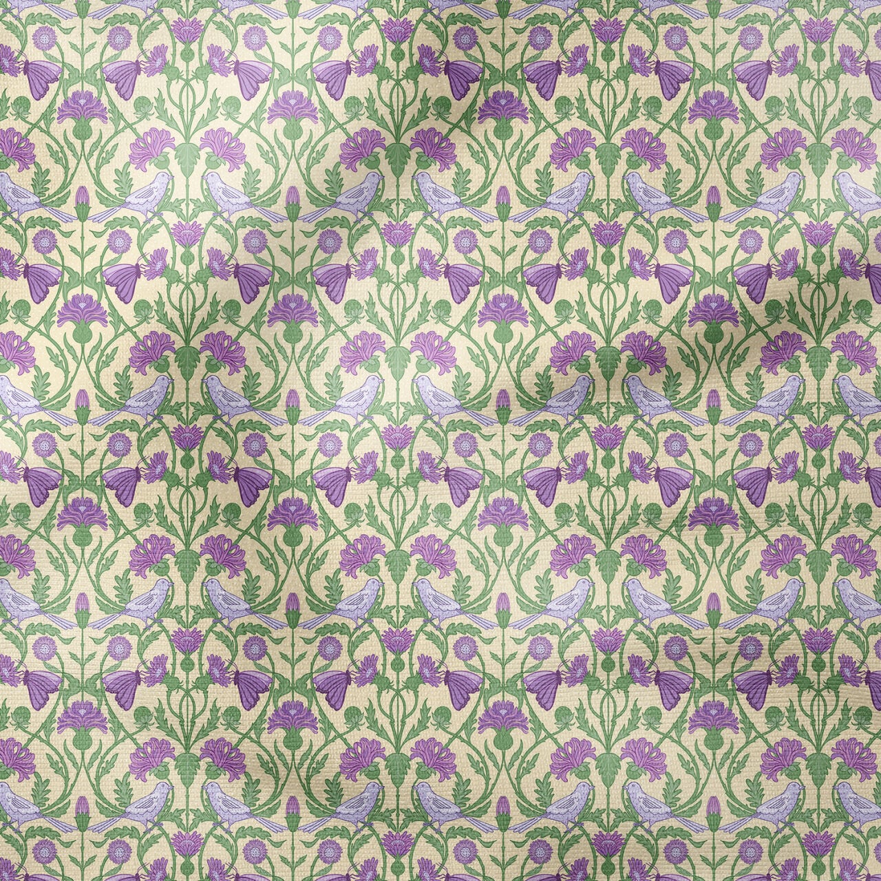 William Morris Esintili Kuş ve Mor Çiçek Desenli Kumaş | Vintage Arts & Crafts Dekoratif Kumaş