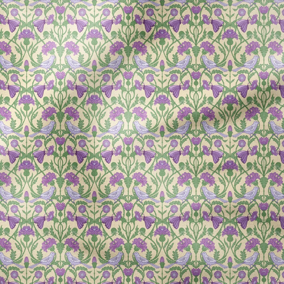 William Morris Esintili Kuş ve Mor Çiçek Desenli Kumaş | Vintage Arts & Crafts Dekoratif Kumaş