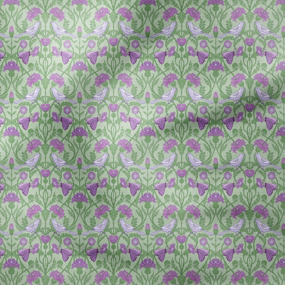 William Morris Kuşlu Devedikeni Kumaşı | Yeşil Mor Çiçek Desenli Dijital Baskılı Dekoratif Kumaş