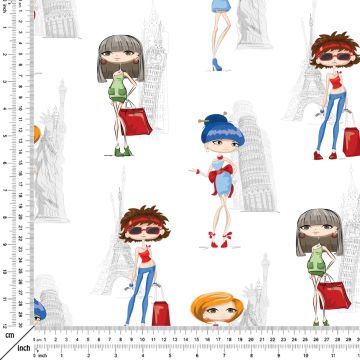 Beyaz Zemin Üzerine Şehirlerin Fashion Kızları Desenli Dijital Baskılı Kumaş(SONBAHAR İNDİRİMİ)