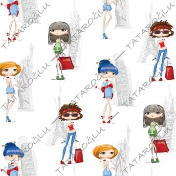 Beyaz Zemin Üzerine Şehirlerin Fashion Kızları Desenli Dijital Baskılı Kumaş(SONBAHAR İNDİRİMİ)