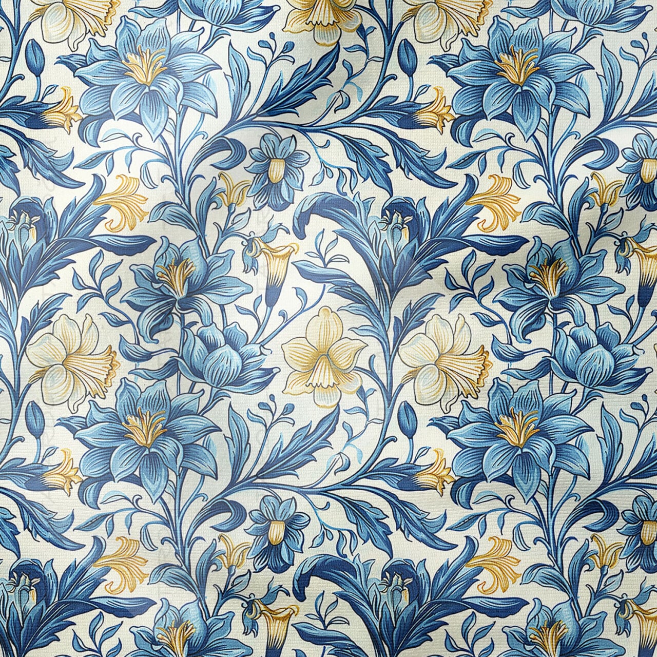Mavi Çiçek Desenli William Morris Kumaş | Petek Dokulu Dekoratif Kumaş 143 cm