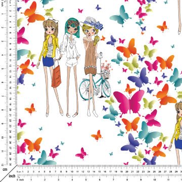 Beyaz Zemin Üzerine Kelebekli Fashion Kızlar Desenli Dijital Baskılı Kumaş-F6540