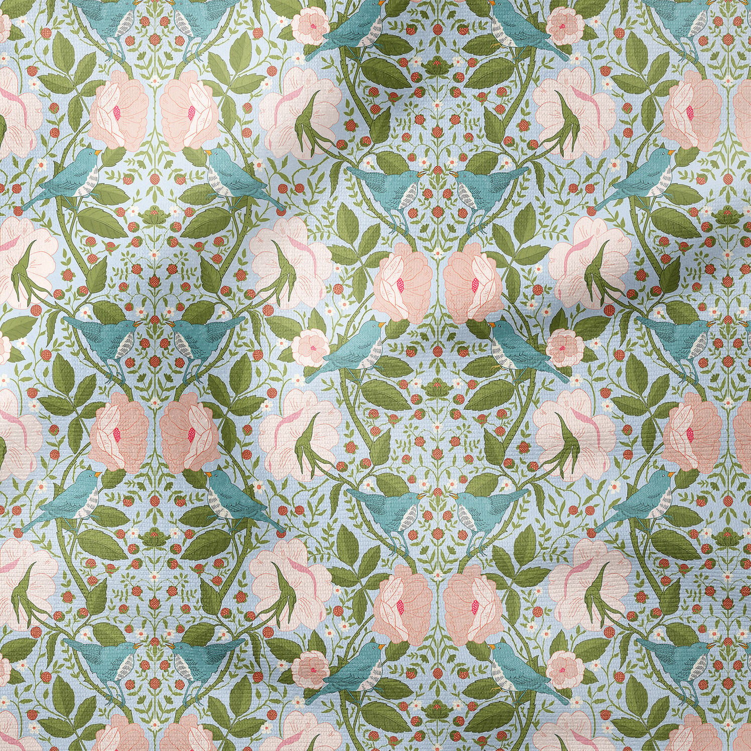 Mavi Kuşlu Gül Desenli William Morris Kumaş | Petek Dokulu Dekoratif Kumaş 143 cm