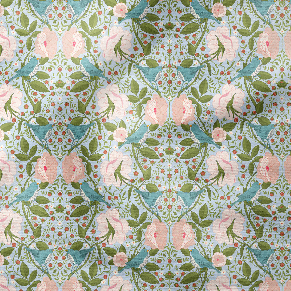 Mavi Kuşlu Gül Desenli William Morris Kumaş | Petek Dokulu Dekoratif Kumaş 143 cm