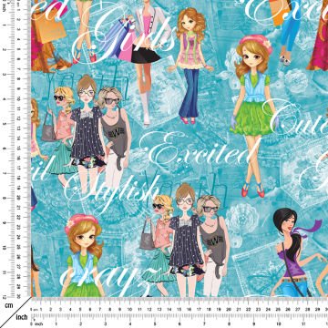 Fashion Girls Patterned Fabric on Blue White Denim Patterned Background-F6544