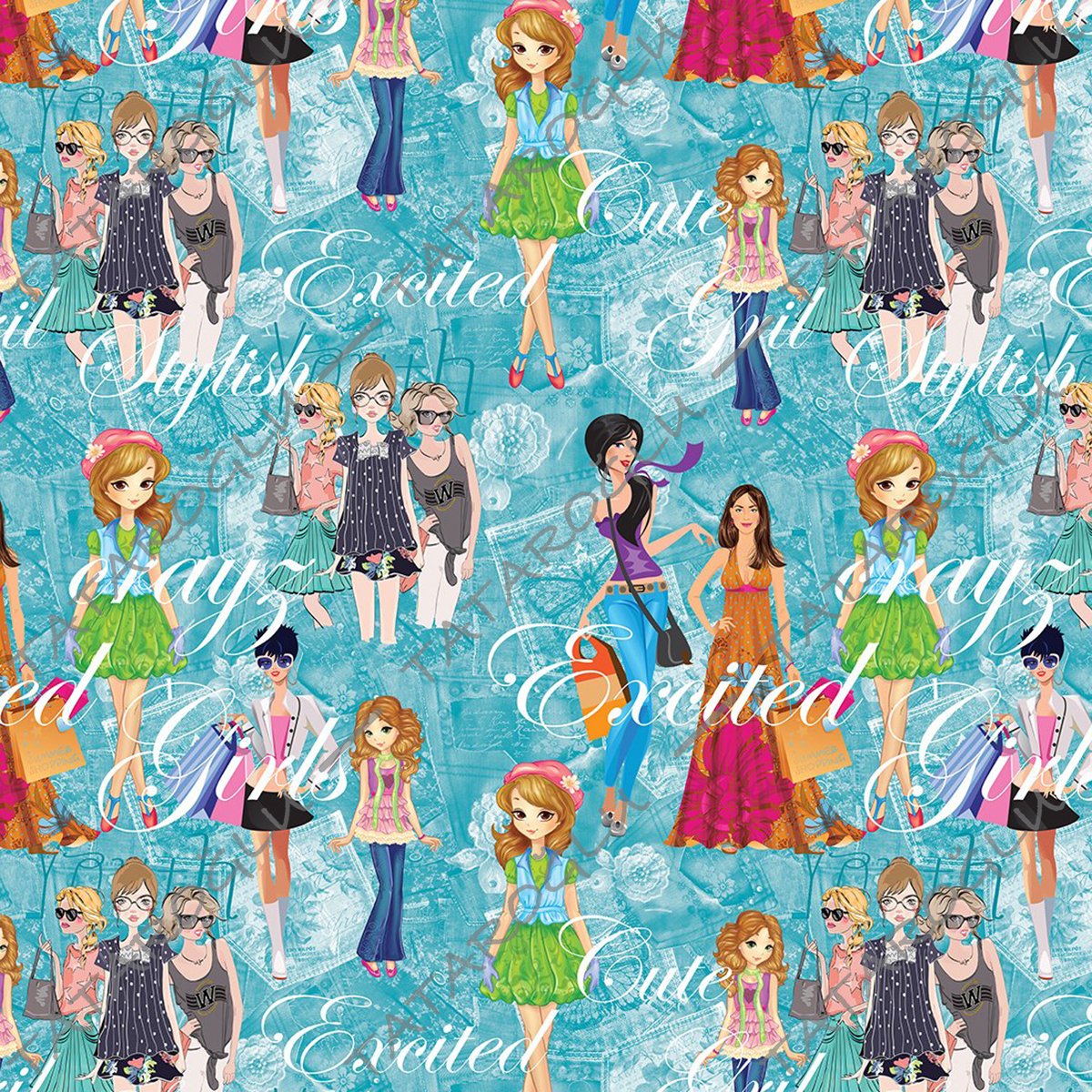 Fashion Girls Patterned Fabric on Blue White Denim Patterned Background-F6544