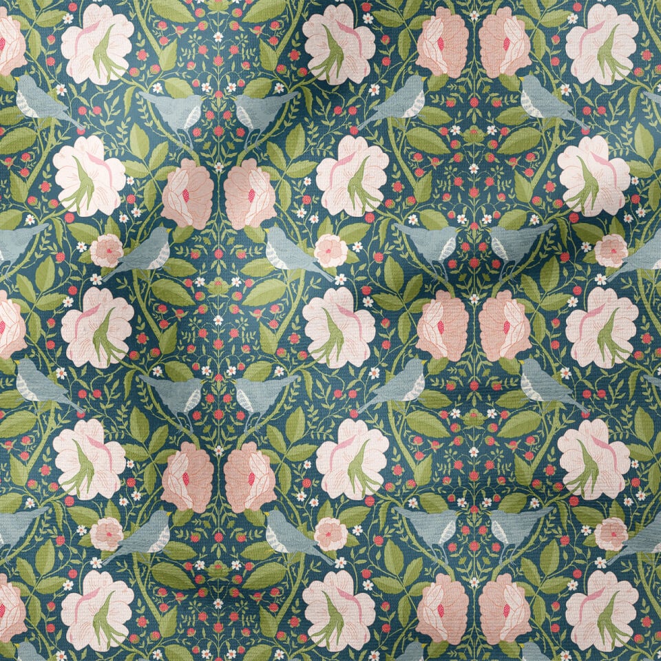 Lacivert Zemin Kuşlu Gül Desenli William Morris Kumaş | Petek Dokulu Dekoratif Kumaş 143 cm