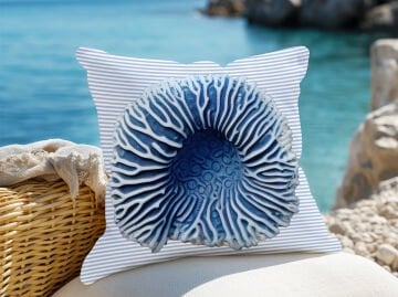 3D Çizgili Mercan Temalı Kırlent Paneli Dikilmemiş Kumaş