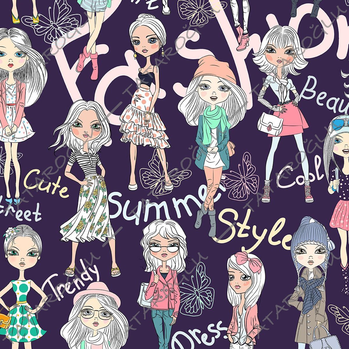 Mor Zemin Üzerine Fashion Kadınlar Desenli Dijital Baskılı Kumaş-F6552