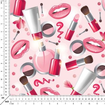 Pembe Zemin Üzerine Makyaj Malzemeleri Desenli Dijital Baskılı Kumaş-F6536